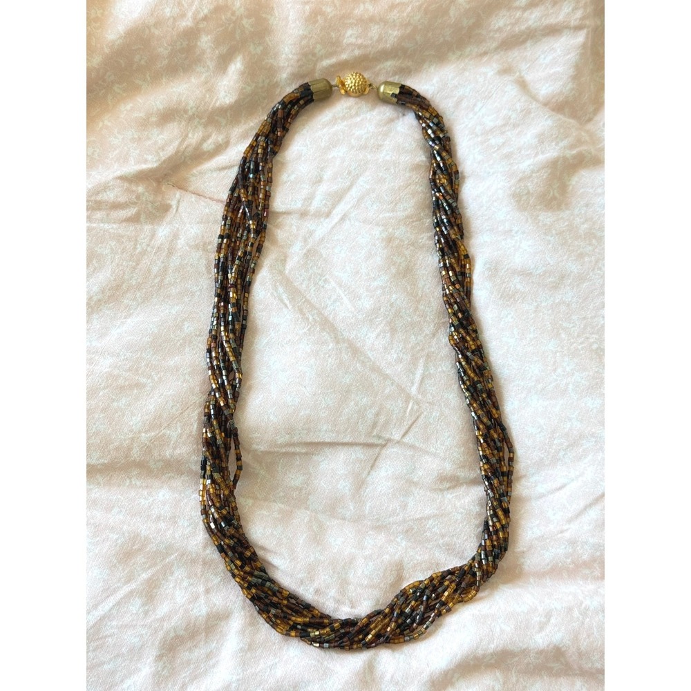 Vintage Whimsigoth Bronze Seed Bead Necklace Multi Strand Layered Statement 24"